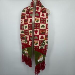 Vintage Christmas Scarf Fleece Applique Santa Snowman Tree Holiday Winter Fringe
